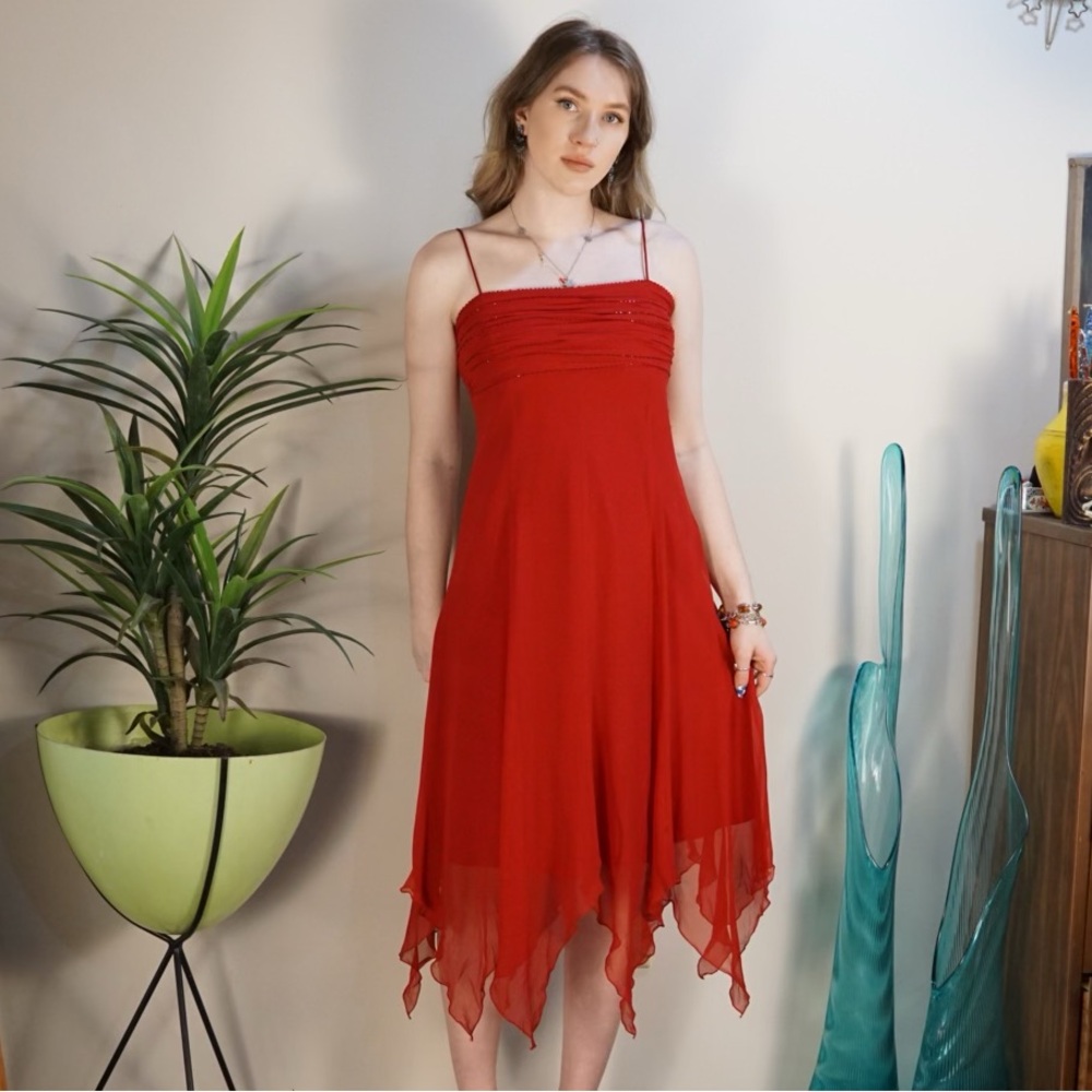 Vintage 90s Dave & Johnny silk fairy whimsigoth red with beading dress 7/8